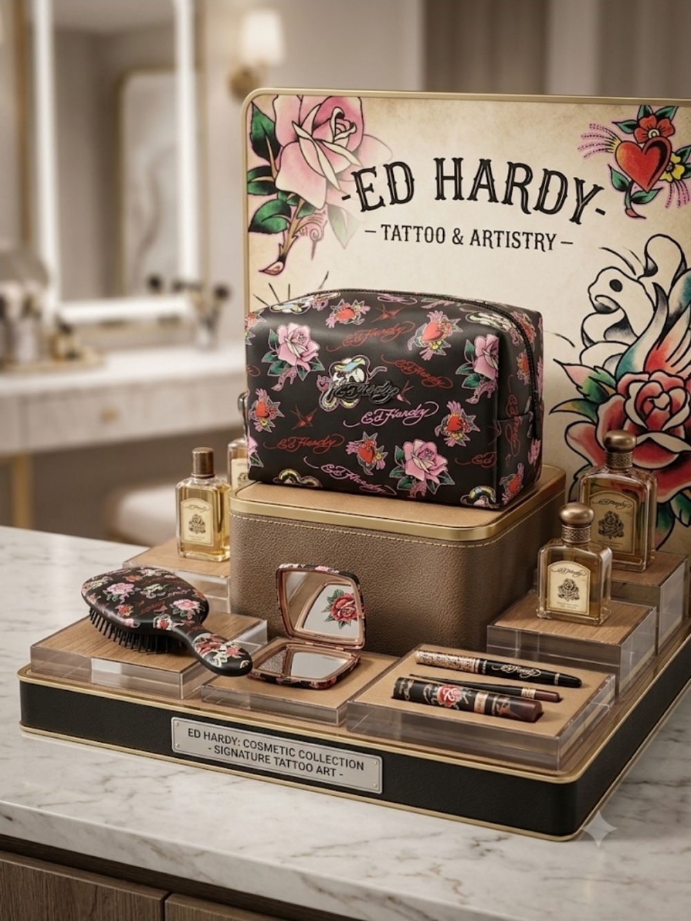 Ed Hardy  Black Floral Toiletry Bag